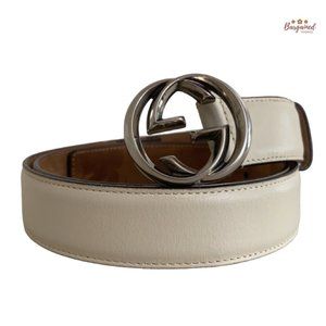 Authentic Gucci Cream Calfskin Leather Silver Interlocking G Buckle Belt 95/38